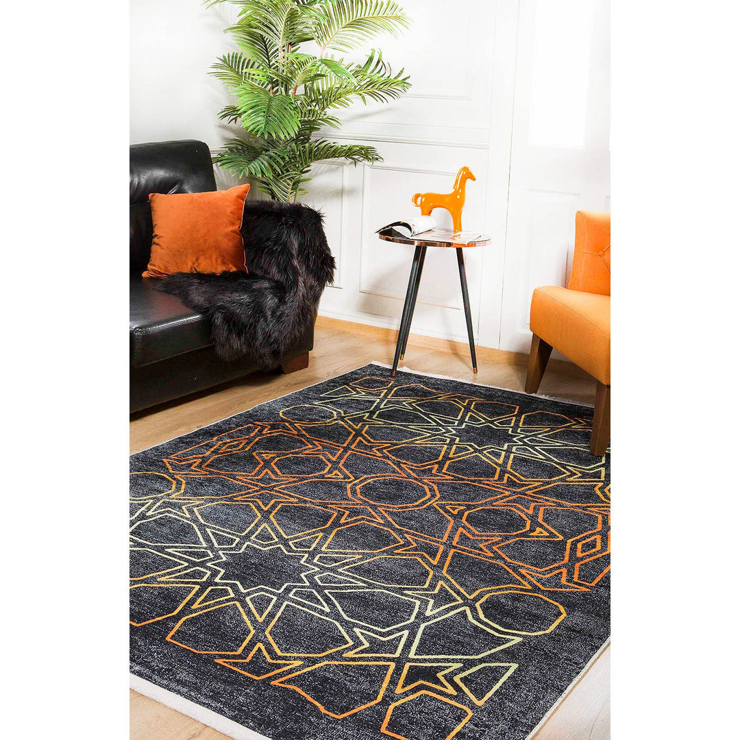 Geometric Rug|Machine-Washable Non-Slip Rug|Anthracite Gold Color Washable Carpet|Modern Decorative Area Rug|Multi-Purpose Anti-Slip Carpet