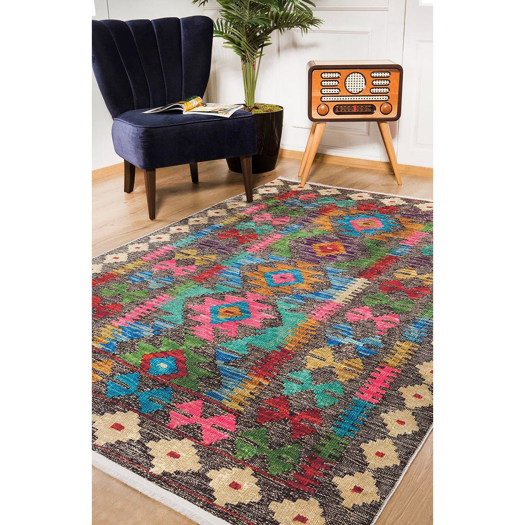 Turkish Kilim Rug|Machine-Washable Non-Slip Rug|Ethnic Colorful Geometric Washable Carpet|Traditional Style Multi-Purpose Anti-Slip Carpet