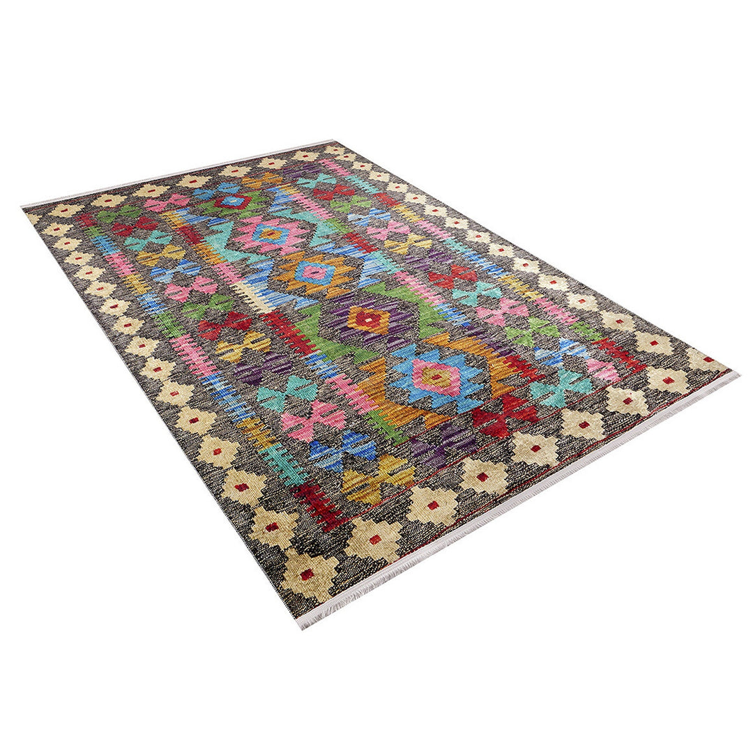 Turkish Kilim Rug|Machine-Washable Non-Slip Rug|Ethnic Colorful Geometric Washable Carpet|Traditional Style Multi-Purpose Anti-Slip Carpet