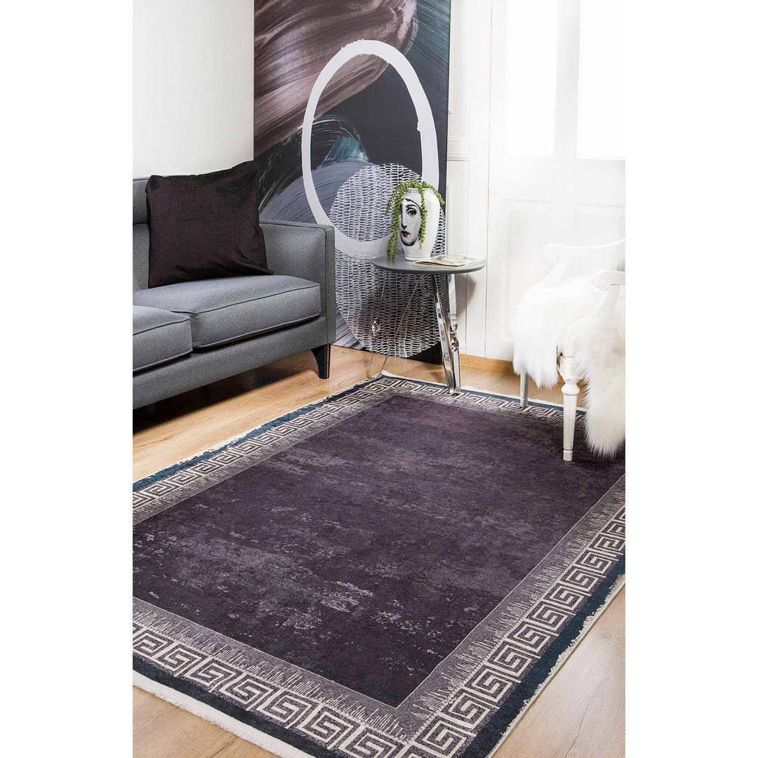 Greek Key Rug|Machine-Washable Rug|Bordered Dark Purple Non-Slip Carpet|Washable Geometric Carpet|Decorative Rug|Multi-Purpose Anti-Slip Rug