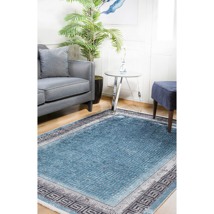 Greek Key Rug|Machine-Washable Rug|Anthracite Bordered Blue Non-Slip Carpet|Washable Carpet|Decorative Area Rug|Multi-Purpose Anti-Slip Rug