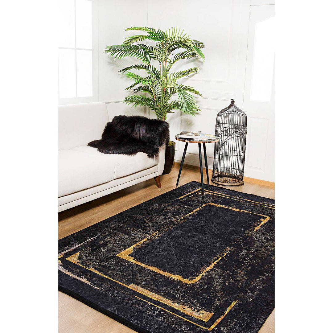 Black Gold Rug|Machine-Washable Non-Slip Rug|Abstract Design Carpet|Housewarming Worn Looking Boho Area Rug|Multi-Purpose Anti-Slip Carpet