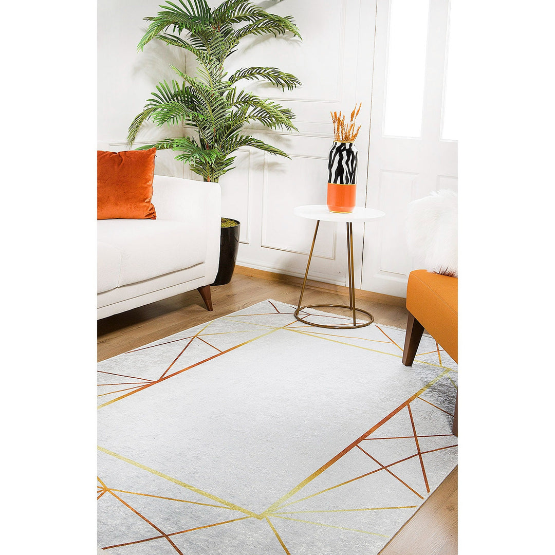 Gold Detailed Rug|Machine-Washable Boho Non-Slip Carpet|Geometric Washable Carpet|Decorative Area Rug|Gray Gold Multi-Purpose Anti-Slip Rug