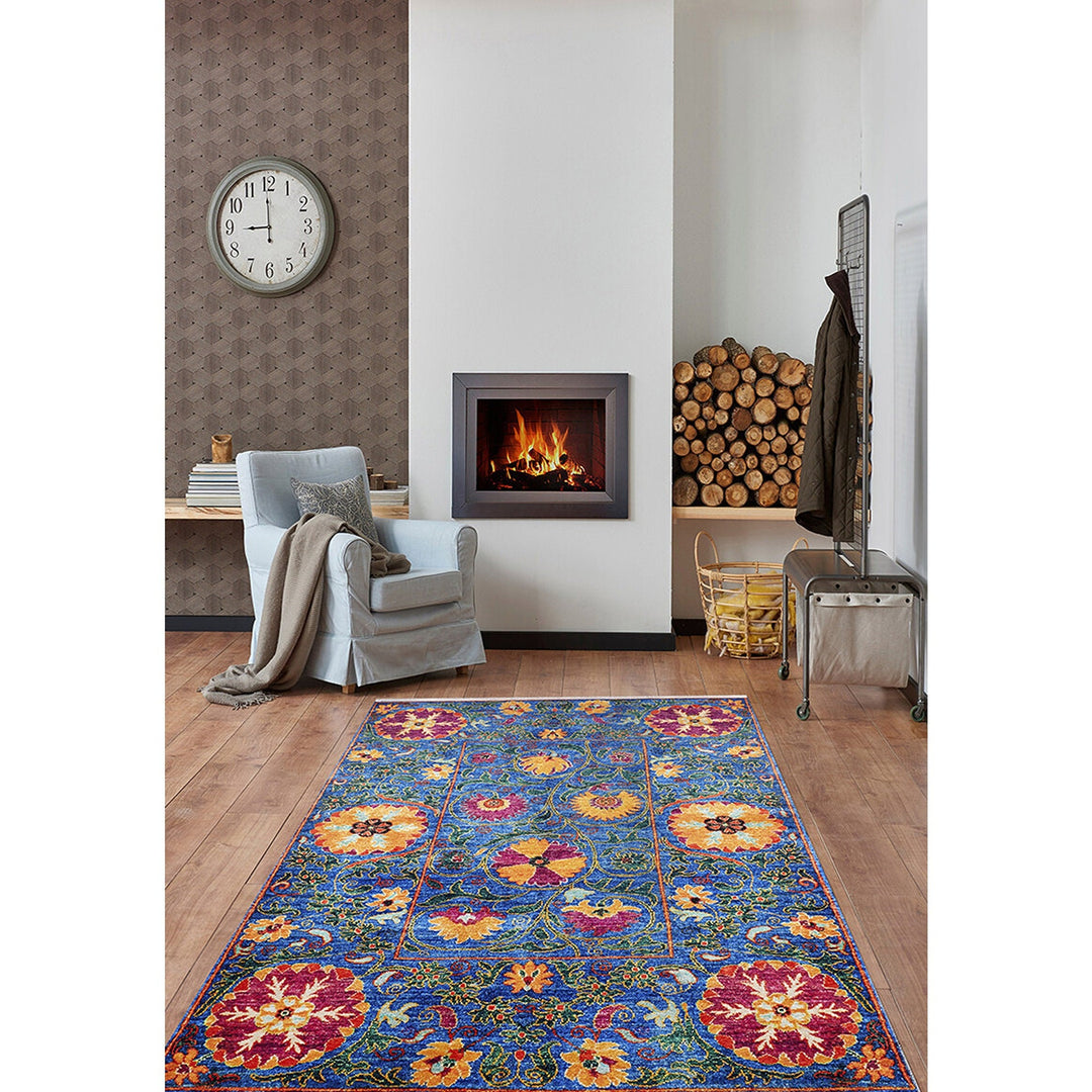 Floral Karabakh Rug|Machine-Washable Non-Slip Rug|Farmhouse Orange Blue Washable Carpet|Decorative Area Rug|Multi-Purpose Anti-Slip Rug