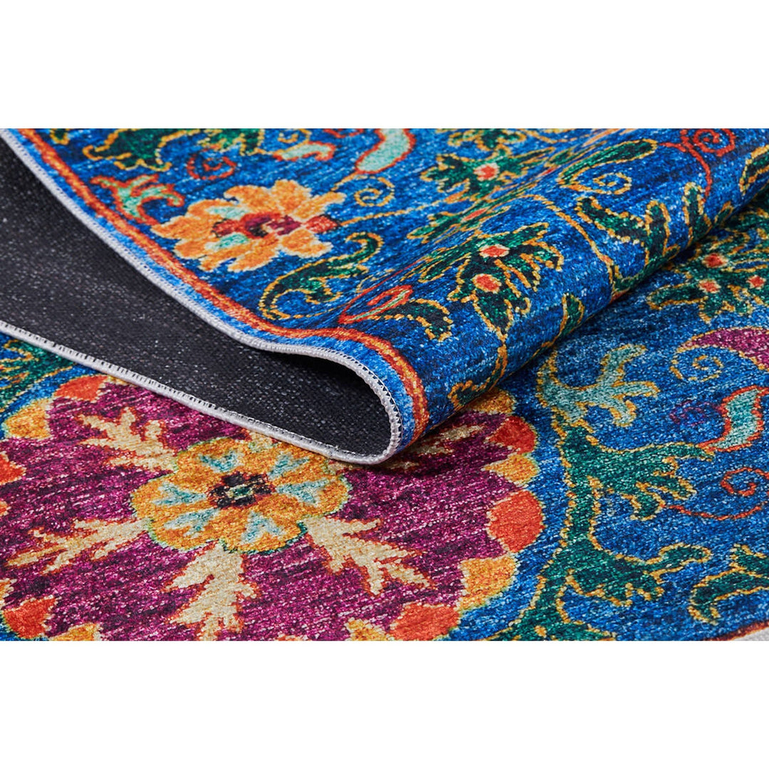 Floral Karabakh Rug|Machine-Washable Non-Slip Rug|Farmhouse Orange Blue Washable Carpet|Decorative Area Rug|Multi-Purpose Anti-Slip Rug