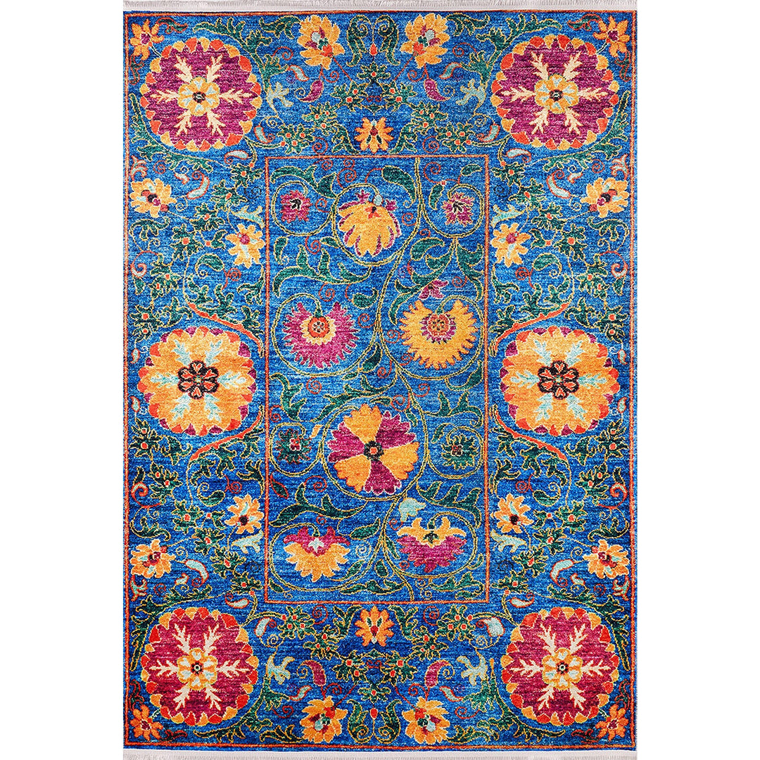 Floral Karabakh Rug|Machine-Washable Non-Slip Rug|Farmhouse Orange Blue Washable Carpet|Decorative Area Rug|Multi-Purpose Anti-Slip Rug