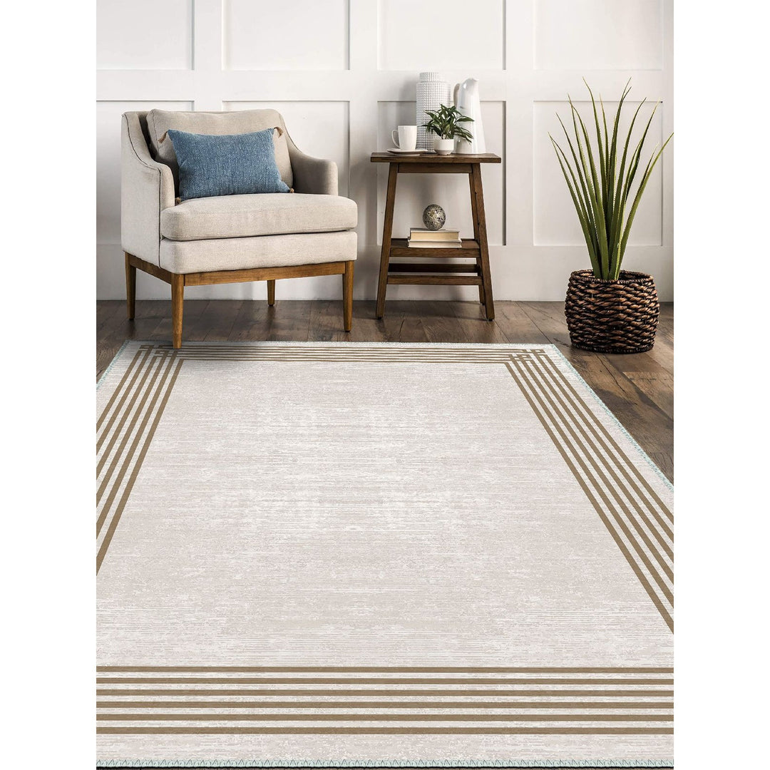 Geometric Brown Bordered Beige Rug