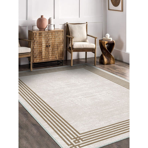 Geometric Brown Bordered Beige Rug