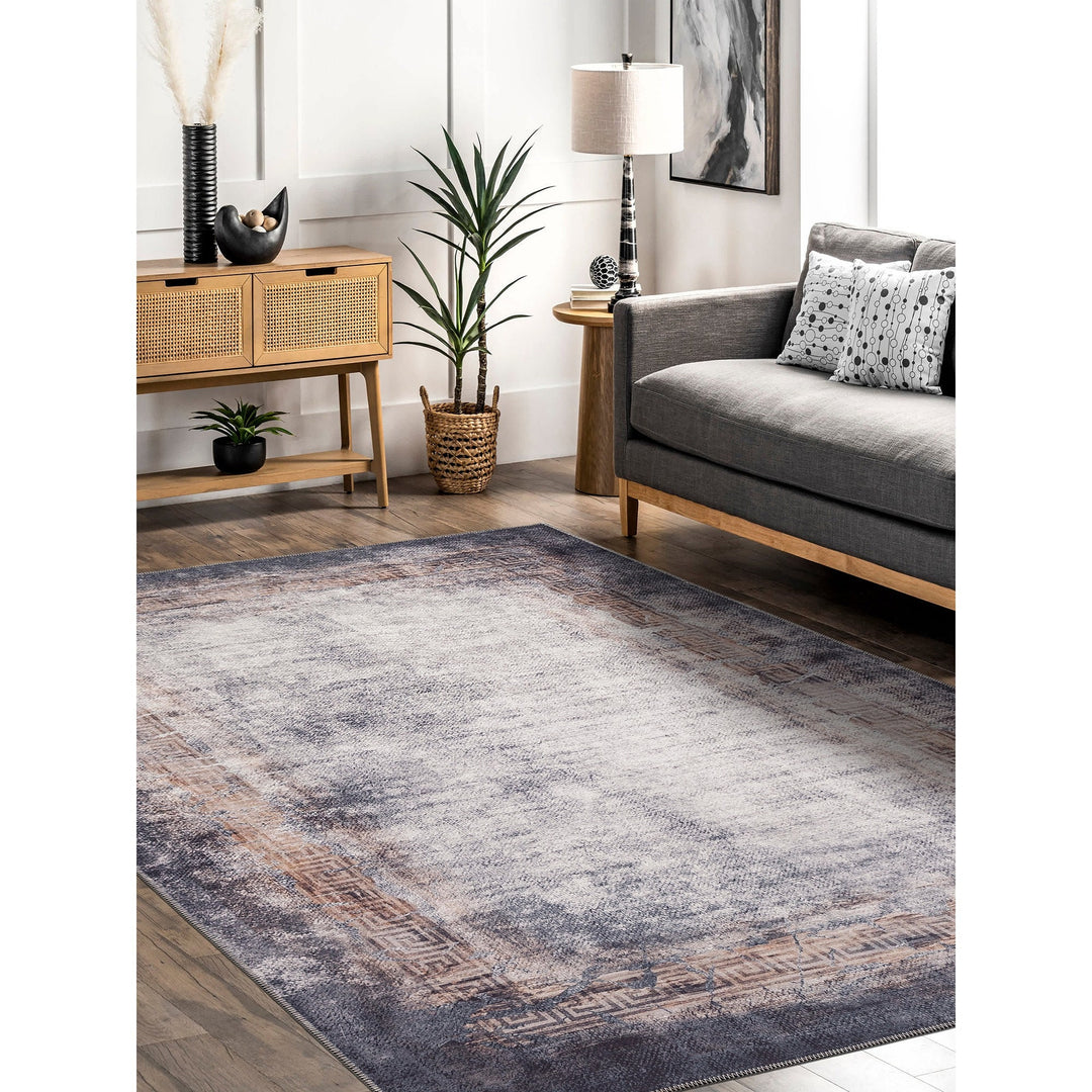 Abstract Gray Rug|Decorative Machine-Washable Non-Slip Rug|Greek Key Bordered Rug|Boho Living Room Decor|Multi-Purpose Anti-Slip Carpet