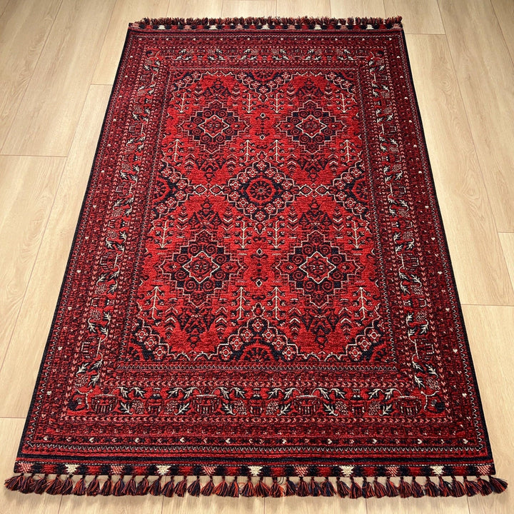 Afghan Pattern Rug|Classic Red Afghan Carpet|Machine-Washable Ethnic Area Rug|Farmhouse Style Multi-Purpose Carpet|Non-Slip Living Room Rug