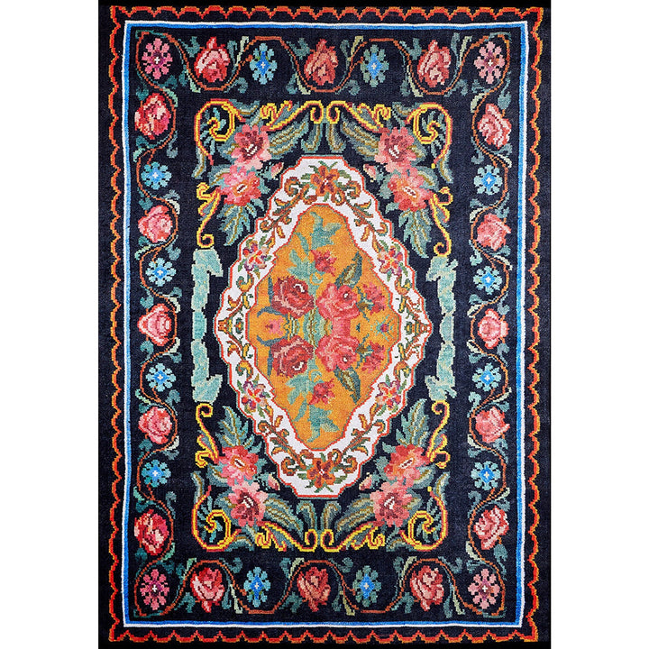 Floral Karabakh Rug|Machine-Washable Non-Slip Rug|Ethnic Farmhouse Floral Washable Carpet|Decorative Area Rug|Multi-Purpose Anti-Slip Rug