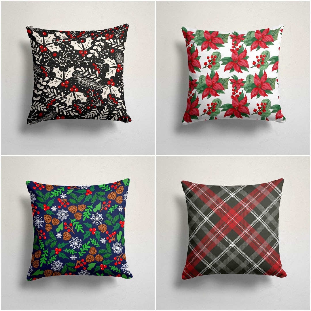 Winter Trend Pillow Cover|Red Berries Cushion Case|Decorative Red Poinsettia Pillow Case|Xmas Throw Pillowtop|Green Leaves Cushion Cover