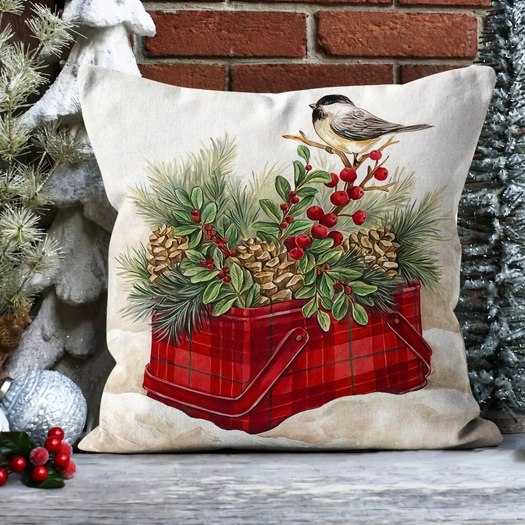 Winter Trend Pillow Cover|Red Poinsettia Cushion Case|Red Berries and Pine Cone Pillow Case|Xmas Throw Pillowtop|Bird with Berries Cushion