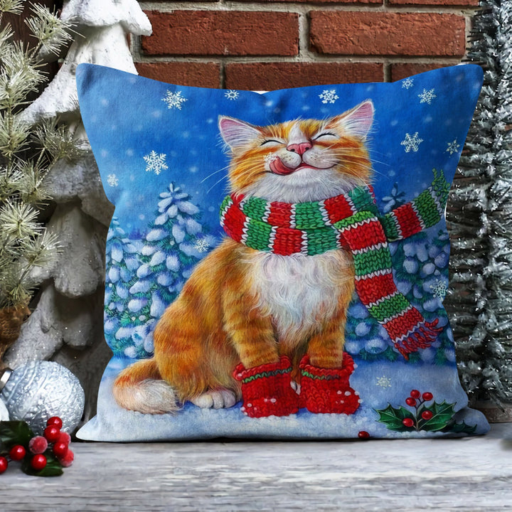 Winter Pillow Case|Cute Cat and Dog Throw Pillowtop|Bird and Snow Print Cushion|Decorative Farmhouse Style Pillow|Moon in Winter Cushion