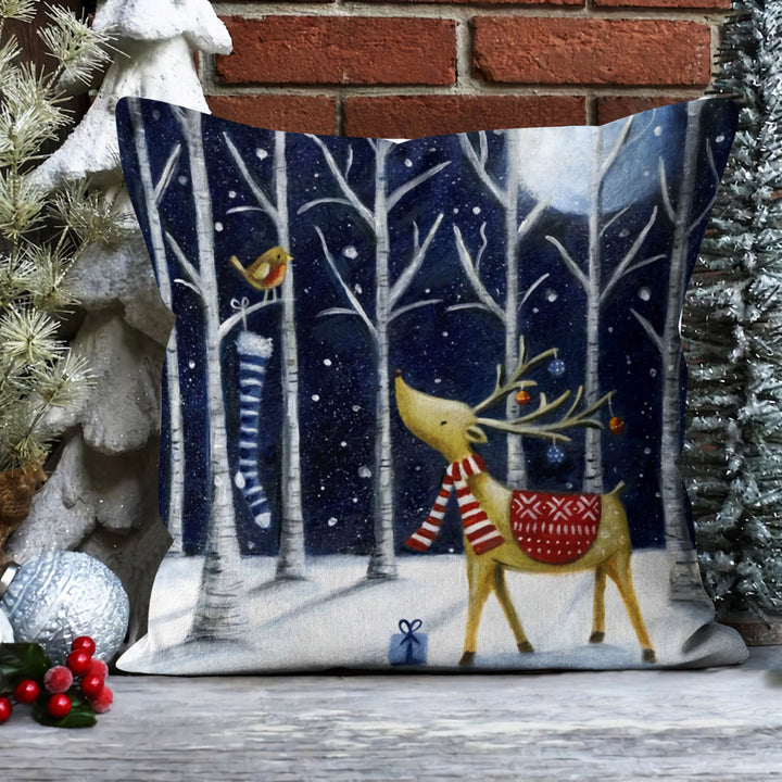 Winter Pillow Case|Cute Cat and Dog Throw Pillowtop|Bird and Snow Print Cushion|Decorative Farmhouse Style Pillow|Moon in Winter Cushion