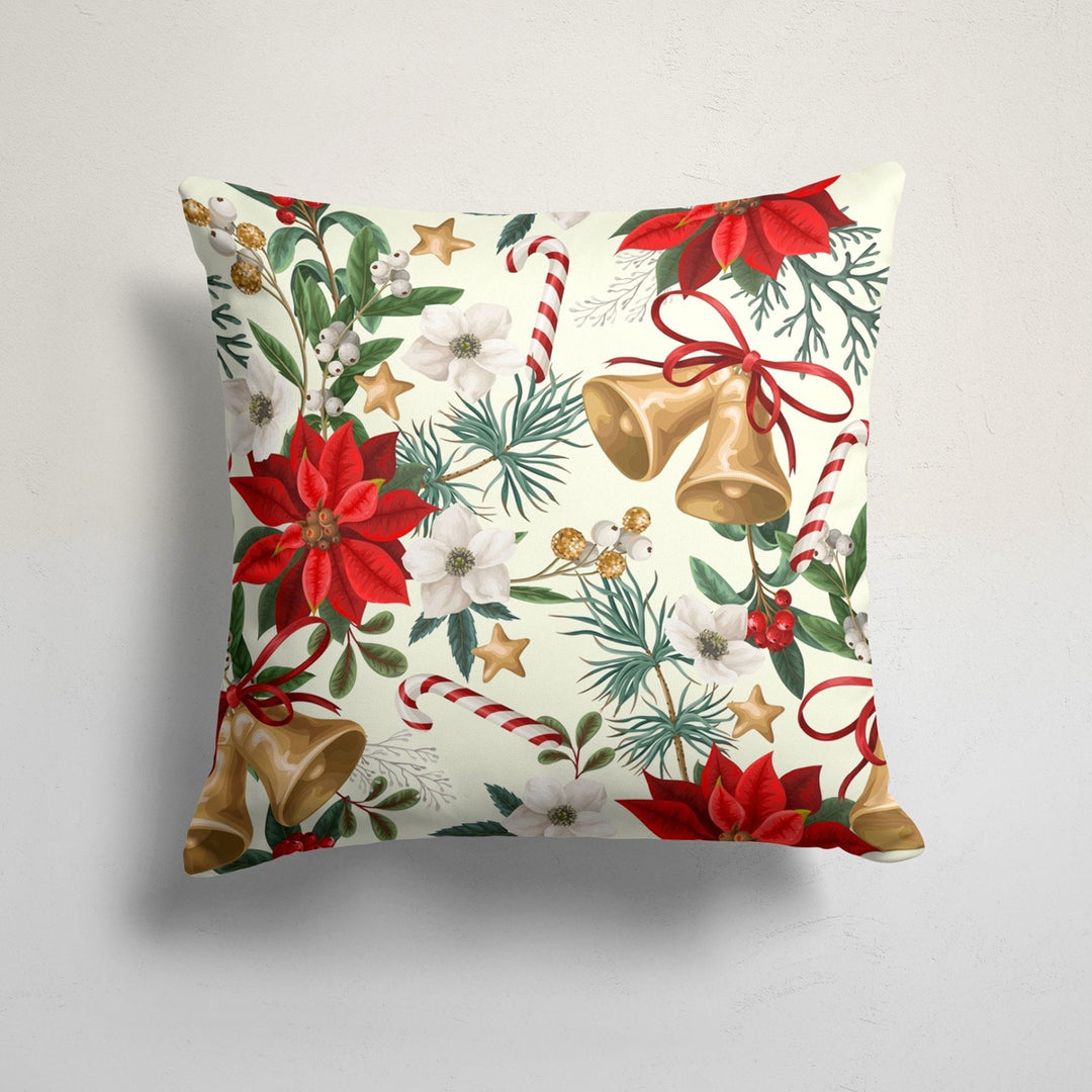 Christmas Pillow Cover|Xmas Bell Cushion Case|Red Berry, Flowers and Leaves Home Decor|Winter Trend Pillow Case|Red Poinsettia Cushion Cover