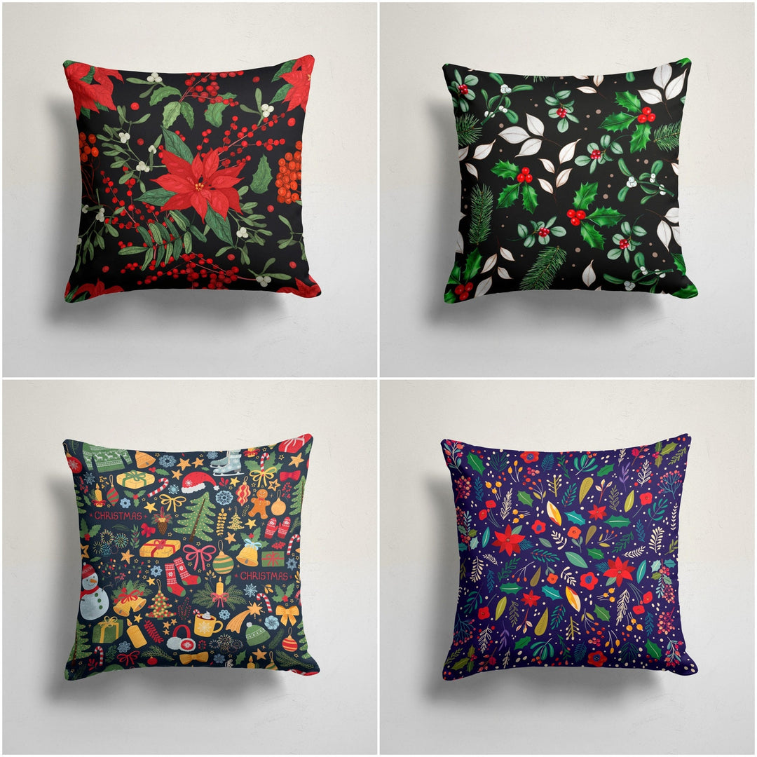 Christmas Pillow Cover|Floral Cushion Case|Leaf Print Xmas Home Decor|Winter Trend Pillow Case|Red Poinsettia and Green Leaves Pillowtop