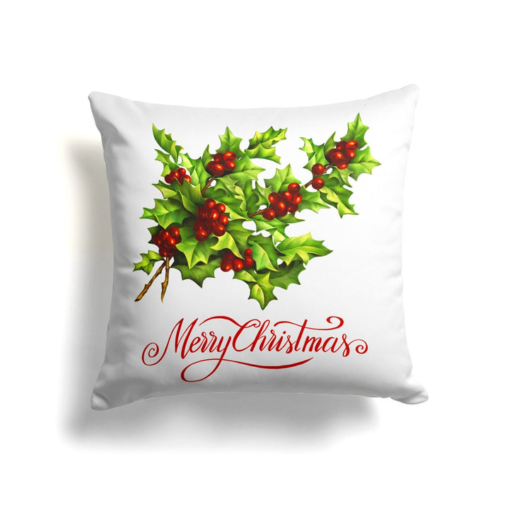 Christmas Pillow Cover|Merry Xmas Cushion Case|Holly Xmas Home Decor|Winter Trend Pillow Case|Red Berries Green Leaves Print Throw Pillowtop