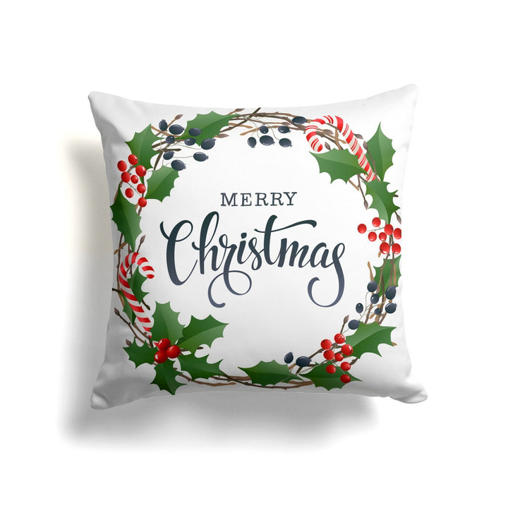 Christmas Pillow Cover|Merry Xmas Cushion Case|Holly Xmas Home Decor|Winter Trend Pillow Case|Red Berries Green Leaves Print Throw Pillowtop