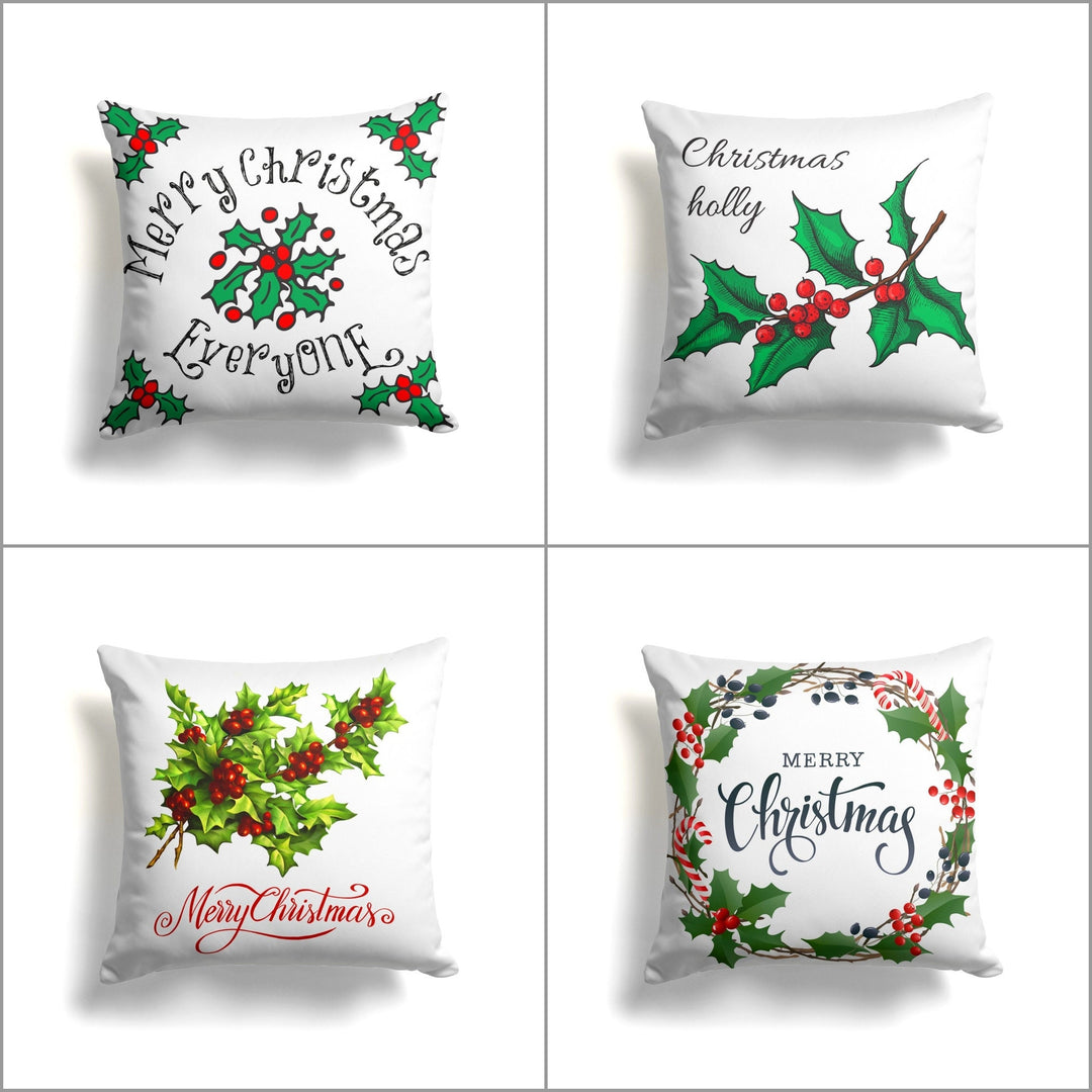 Christmas Pillow Cover|Merry Xmas Cushion Case|Holly Xmas Home Decor|Winter Trend Pillow Case|Red Berries Green Leaves Print Throw Pillowtop