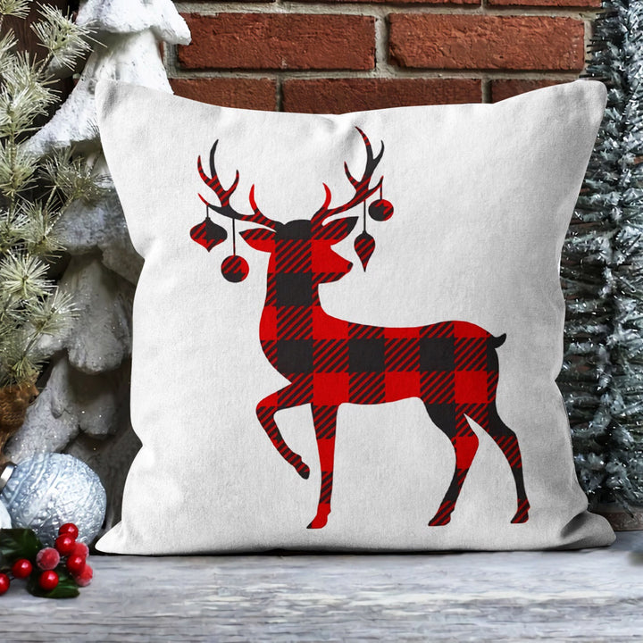 Christmas Pillow Cover|Checkered Xmas Deer Cushion Case|Xmas Home Decor|Winter Trend Pillow Case|Buckhorn and Joy Outdoor Throw Pillowtop