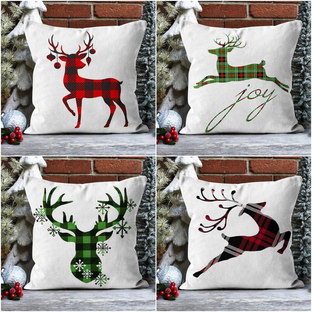 Christmas Pillow Cover|Checkered Xmas Deer Cushion Case|Xmas Home Decor|Winter Trend Pillow Case|Buckhorn and Joy Outdoor Throw Pillowtop