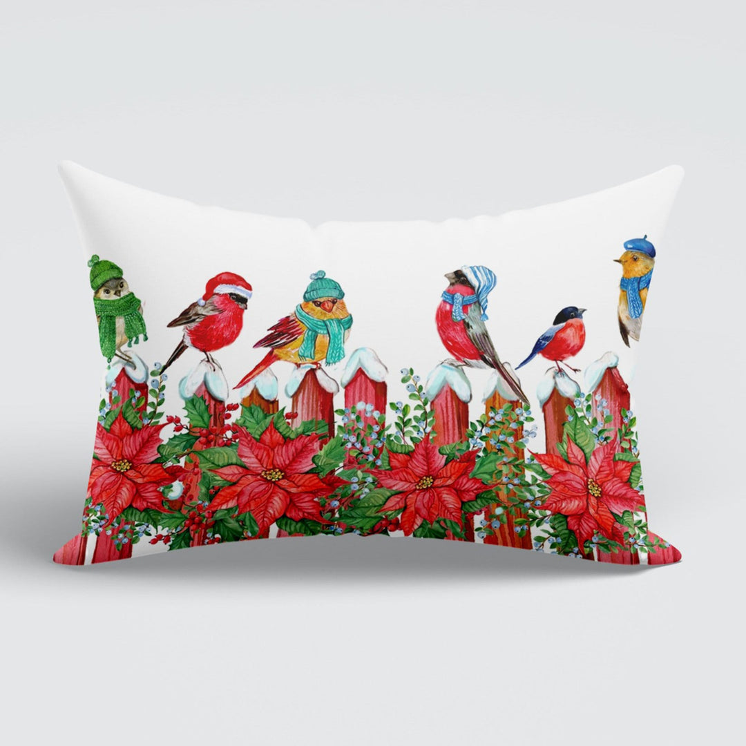 Christmas Pillow Cover|Floral Bird Boho Bedding Cushion Case|Red Poinsettia Xmas Home Decor|Winter Trend Lumbar Pillowtop|Merry Xmas Cushion