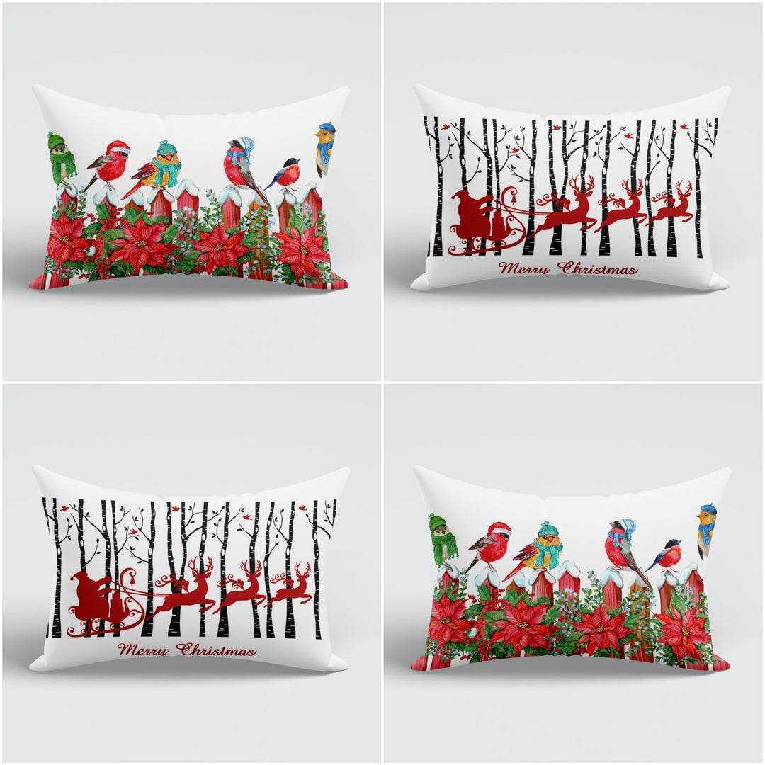 Christmas Pillow Cover|Floral Bird Boho Bedding Cushion Case|Red Poinsettia Xmas Home Decor|Winter Trend Lumbar Pillowtop|Merry Xmas Cushion