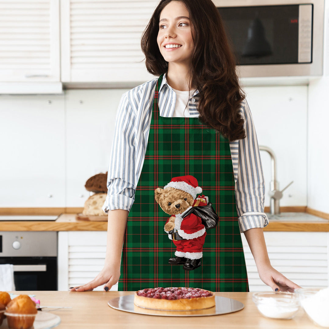 Christmas Apron|Santa Bear Cooking Smock with Adjustable Neck and Waist Strap|Plaid Nutcracker Xmas Deer Kitchen Pinafore Gift For Him/Her