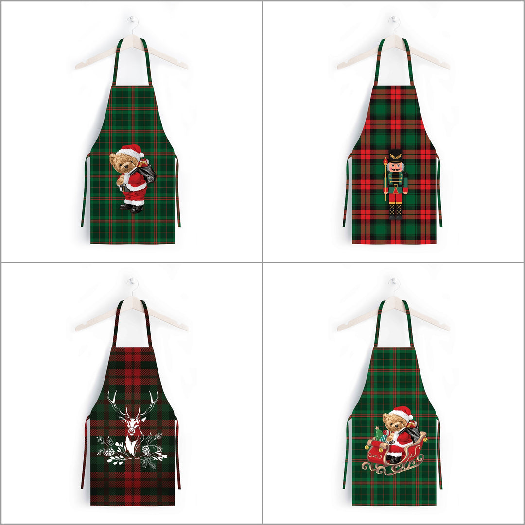 Christmas Apron|Santa Bear Cooking Smock with Adjustable Neck and Waist Strap|Plaid Nutcracker Xmas Deer Kitchen Pinafore Gift For Him/Her