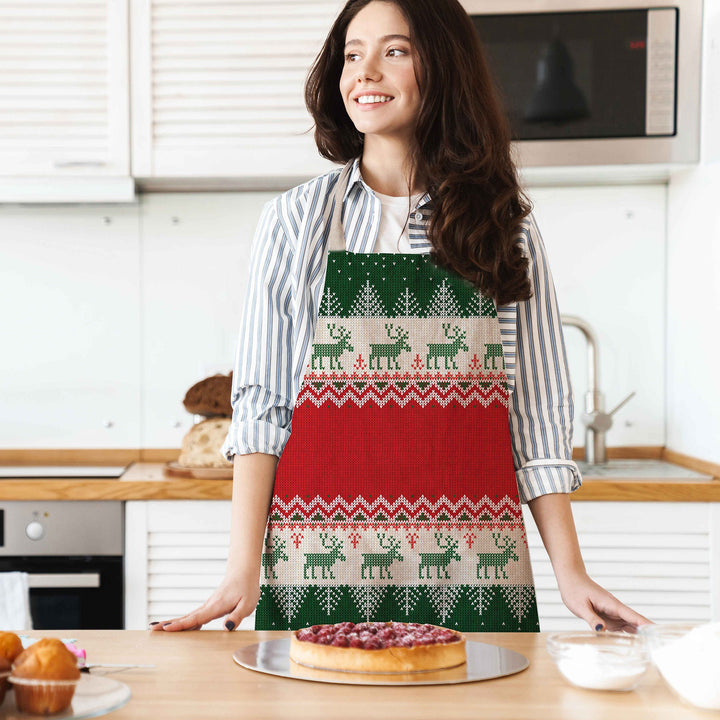 Christmas Apron|Xmas Deer Cooking Smock with Adjustable Neck and Waist Strap|Snowman and Xmas Bell Winter Kitchen Pinafore Gift For Him/Her