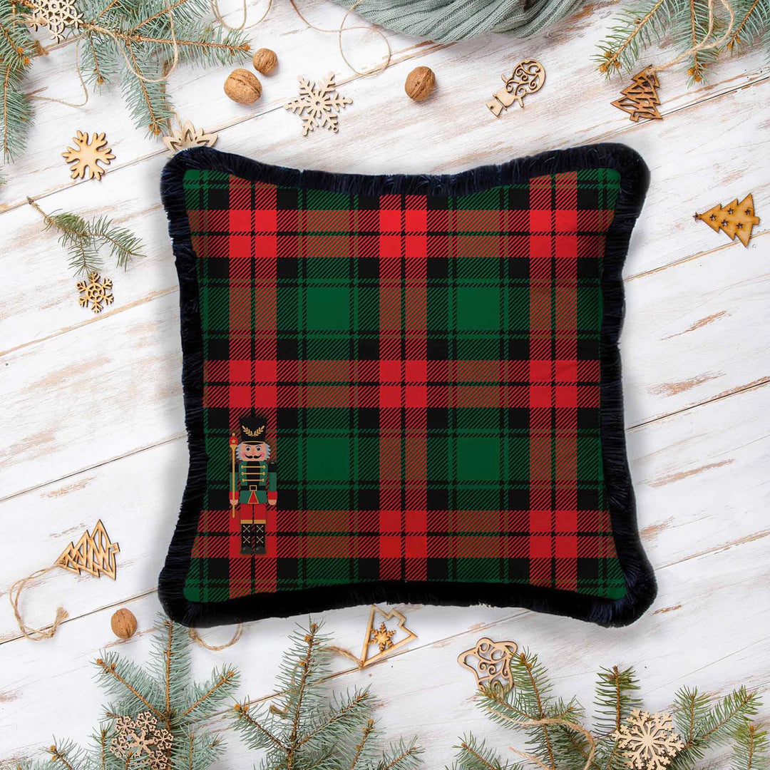 Christmas Pillowcase|Frilly Buffalo Plaid Xmas Deer Cushion Case|Decorative Red Berries Print Pillow Cover|Buckhorn and Nutcracker Pillowtop