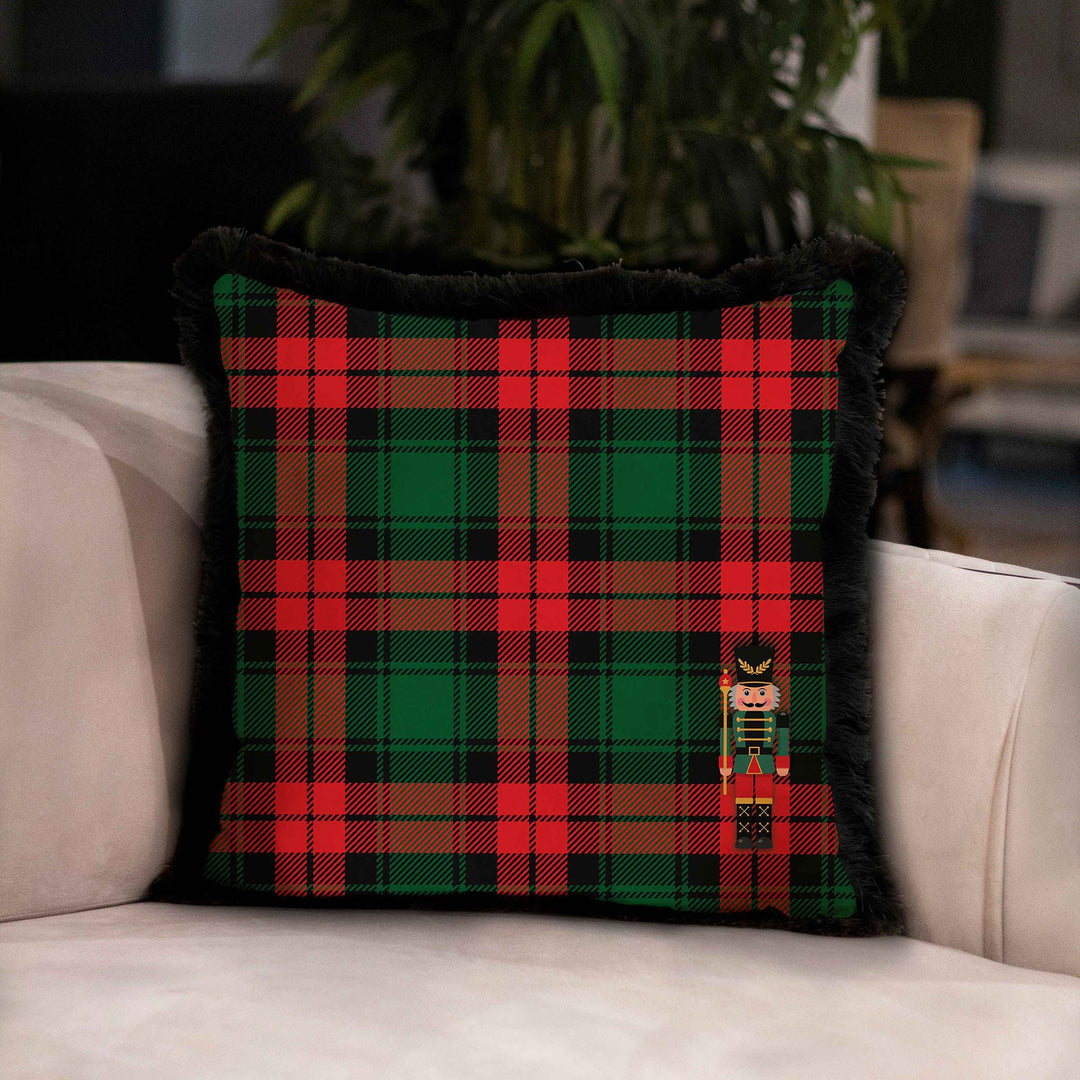 Christmas Pillowcase|Frilly Buffalo Plaid Xmas Deer Cushion Case|Decorative Red Berries Print Pillow Cover|Buckhorn and Nutcracker Pillowtop