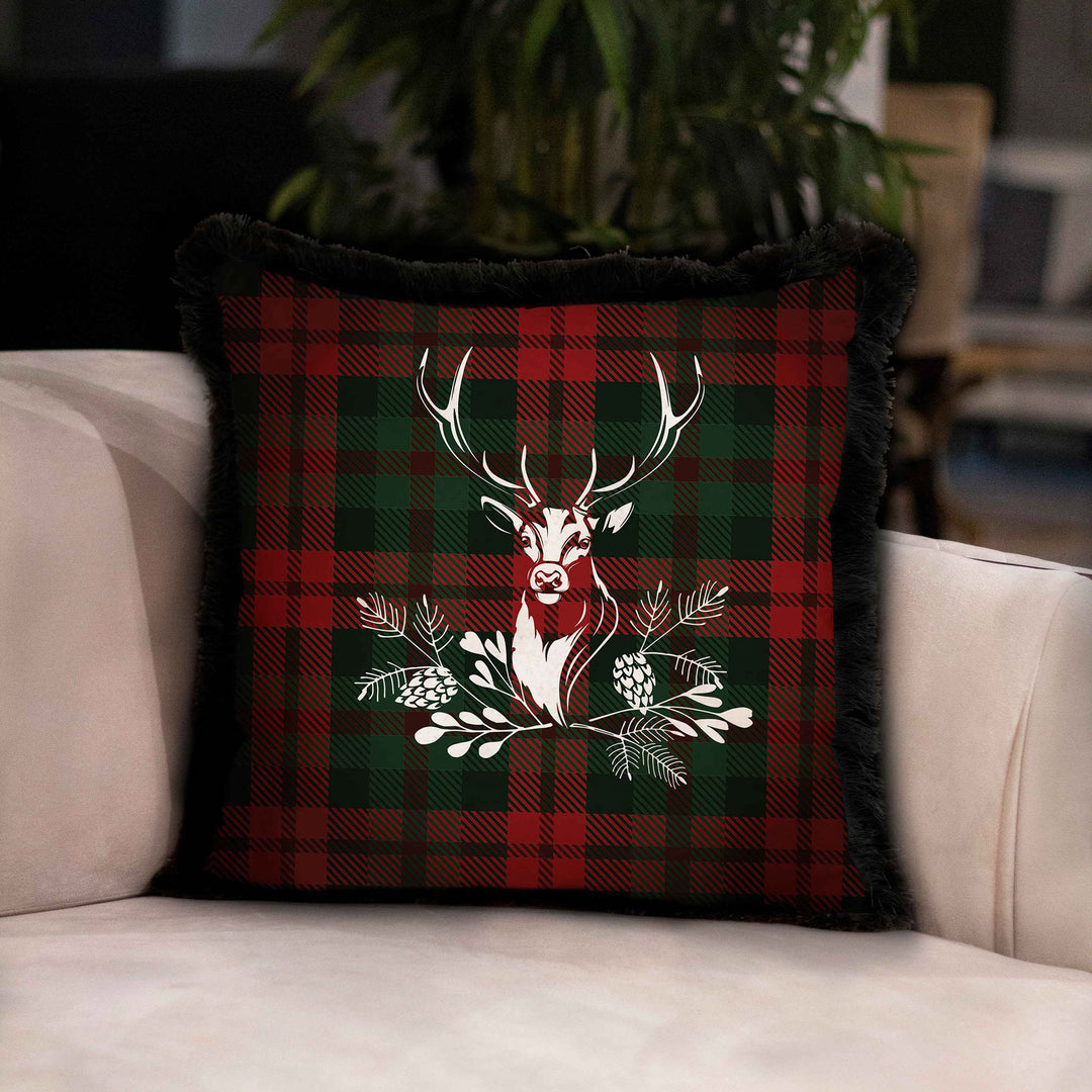 Christmas Pillowcase|Frilly Buffalo Plaid Xmas Deer Cushion Case|Decorative Red Berries Print Pillow Cover|Buckhorn and Nutcracker Pillowtop