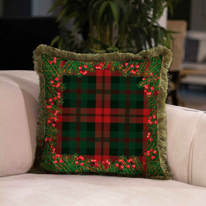 Christmas Pillowcase|Frilly Buffalo Plaid Xmas Deer Cushion Case|Decorative Red Berries Print Pillow Cover|Buckhorn and Nutcracker Pillowtop