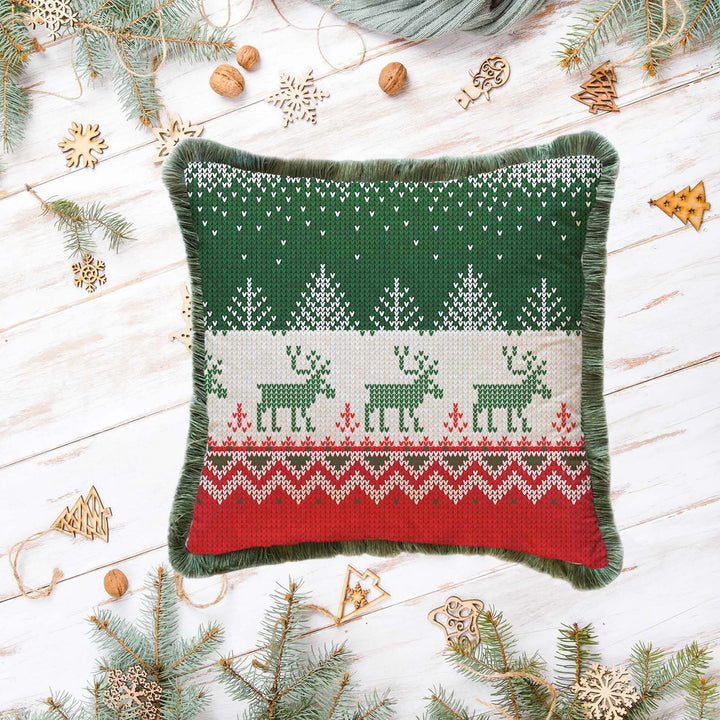 Christmas Pillowcase|Santa Bear Plaid Cushion Cover|Xmas Deer Frilly Cushion|Decorative Pixel Art Pillow Cover|Green Red Winter Pillowtop