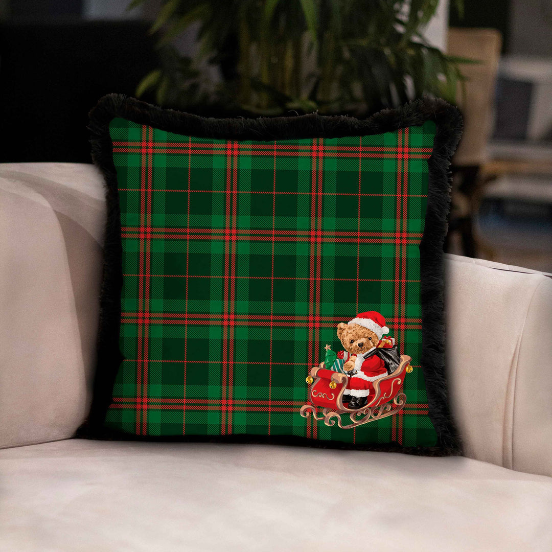 Christmas Pillowcase|Santa Bear Plaid Cushion Cover|Xmas Deer Frilly Cushion|Decorative Pixel Art Pillow Cover|Green Red Winter Pillowtop