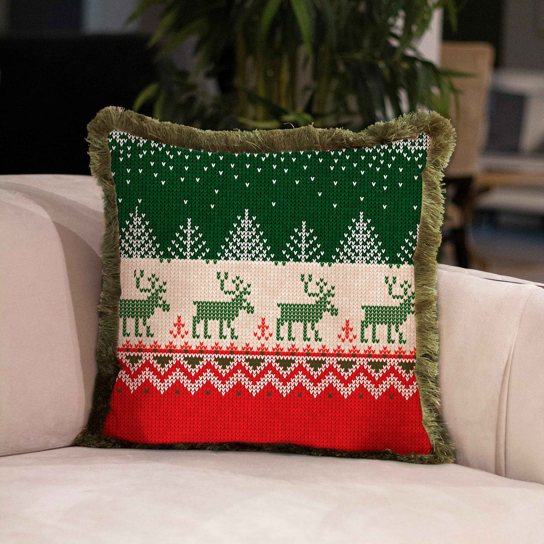 Christmas Pillowcase|Santa Bear Plaid Cushion Cover|Xmas Deer Frilly Cushion|Decorative Pixel Art Pillow Cover|Green Red Winter Pillowtop