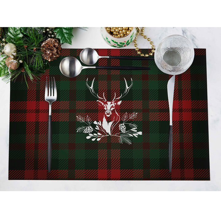 Set of 4 Xmas Placemat|Winter Trend Table Mat|Plaid Xmas Deer Dining Underplate|Christmas Home Decor|Pixel Art Rectangle Winter Coaster Set