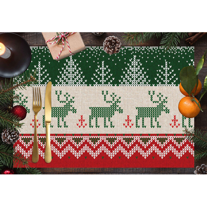 Set of 4 Xmas Placemat|Winter Trend Table Mat|Plaid Xmas Deer Dining Underplate|Christmas Home Decor|Pixel Art Rectangle Winter Coaster Set