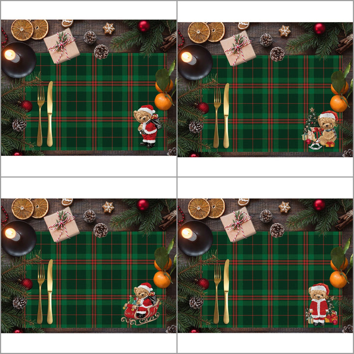 Set of 4 Xmas Placemat|Winter Trend Table Mat|Cute Santa Bear Dining Underplate|Xmas Table Decor|Buffalo Plaid Rectangle Winter Coaster Set