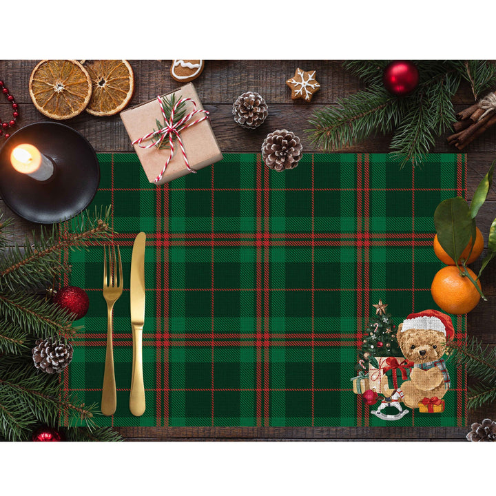 Set of 4 Xmas Placemat|Winter Trend Table Mat|Cute Santa Bear Dining Underplate|Xmas Table Decor|Buffalo Plaid Rectangle Winter Coaster Set