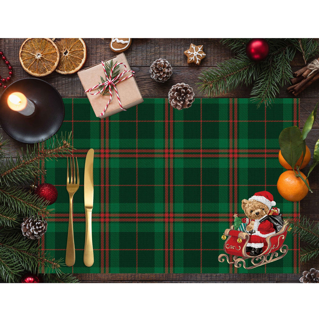 Set of 4 Xmas Placemat|Winter Trend Table Mat|Cute Santa Bear Dining Underplate|Xmas Table Decor|Buffalo Plaid Rectangle Winter Coaster Set