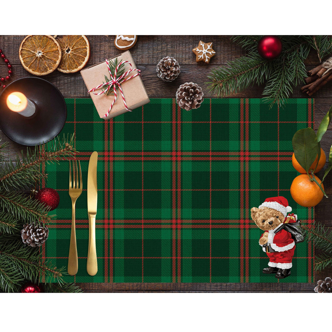 Set of 4 Xmas Placemat|Winter Trend Table Mat|Cute Santa Bear Dining Underplate|Xmas Table Decor|Buffalo Plaid Rectangle Winter Coaster Set