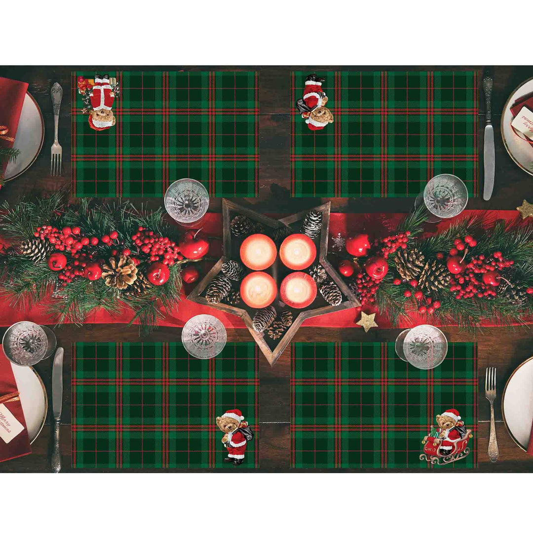 Set of 4 Xmas Placemat|Winter Trend Table Mat|Cute Santa Bear Dining Underplate|Xmas Table Decor|Buffalo Plaid Rectangle Winter Coaster Set