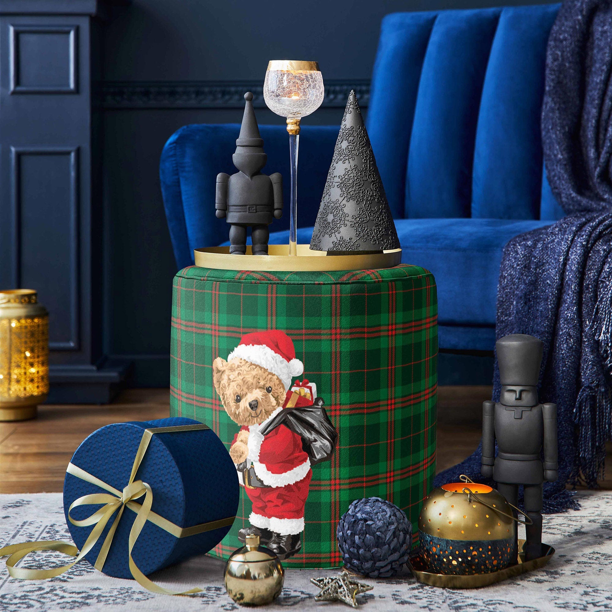 Plaid Santa Bear Print Xmas Footstool Akasia