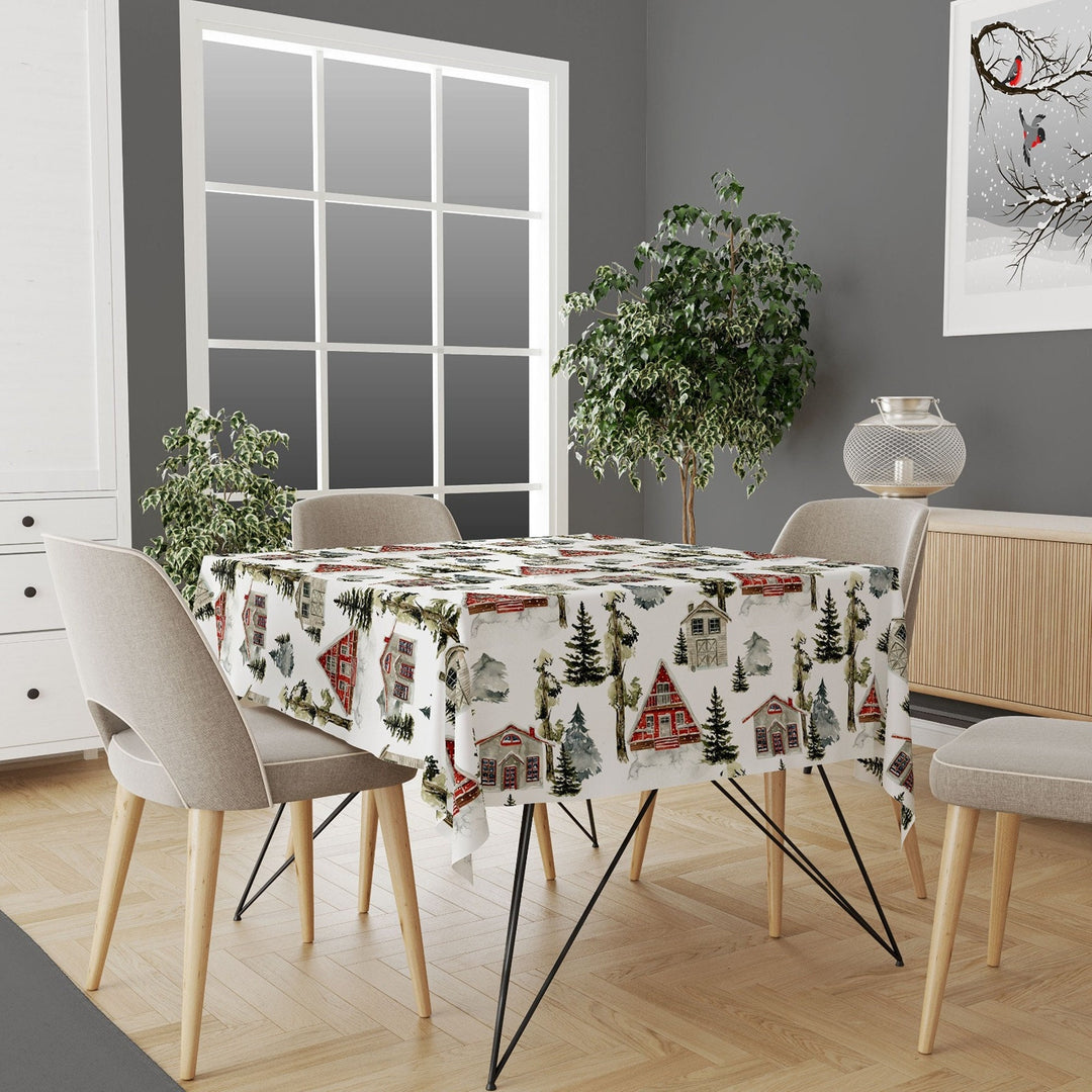 Winter Tablecloth|Snow Print Tabletop|Pine Tree and House Xmas Kitchen Decor|Housewarming Farmhouse Christmas Table Cover with Xmas Tree