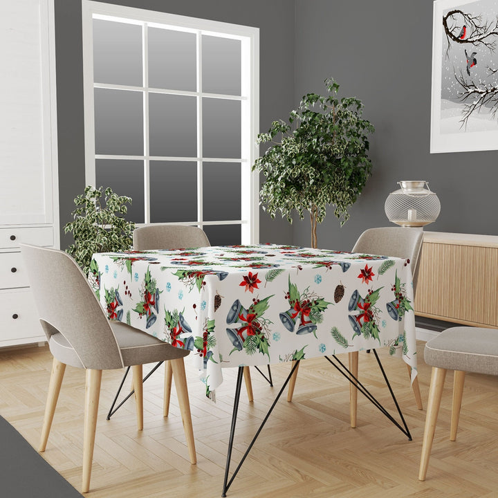 Winter Tablecloth|Red Berries Tabletop|Green Leaves Xmas Kitchen Decor|Xmas Bell Tabletop|Housewarming Farmhouse Style Christmas Table Cover