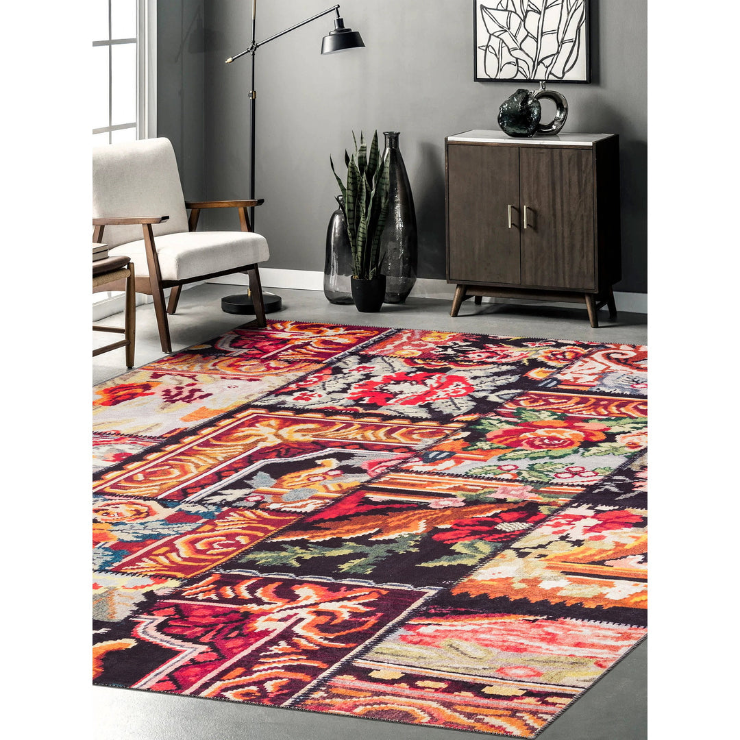 Floral Patchwork Rug|Machine-Washable Non-Slip Rug|Floral Kilim Carpet|Traditional Multi-Purpose Anti-Slip Carpet|Decorative Flower Rug