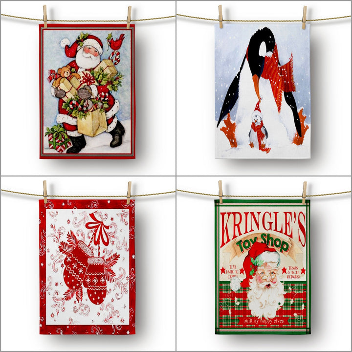 Christmas Kitchen Towel|Merry Xmas Dish Towel|Santa Clause and Penguin Dishcloth|Winter Trend Hand Towel|Xmas Gloves and Toy Shop Print Gift